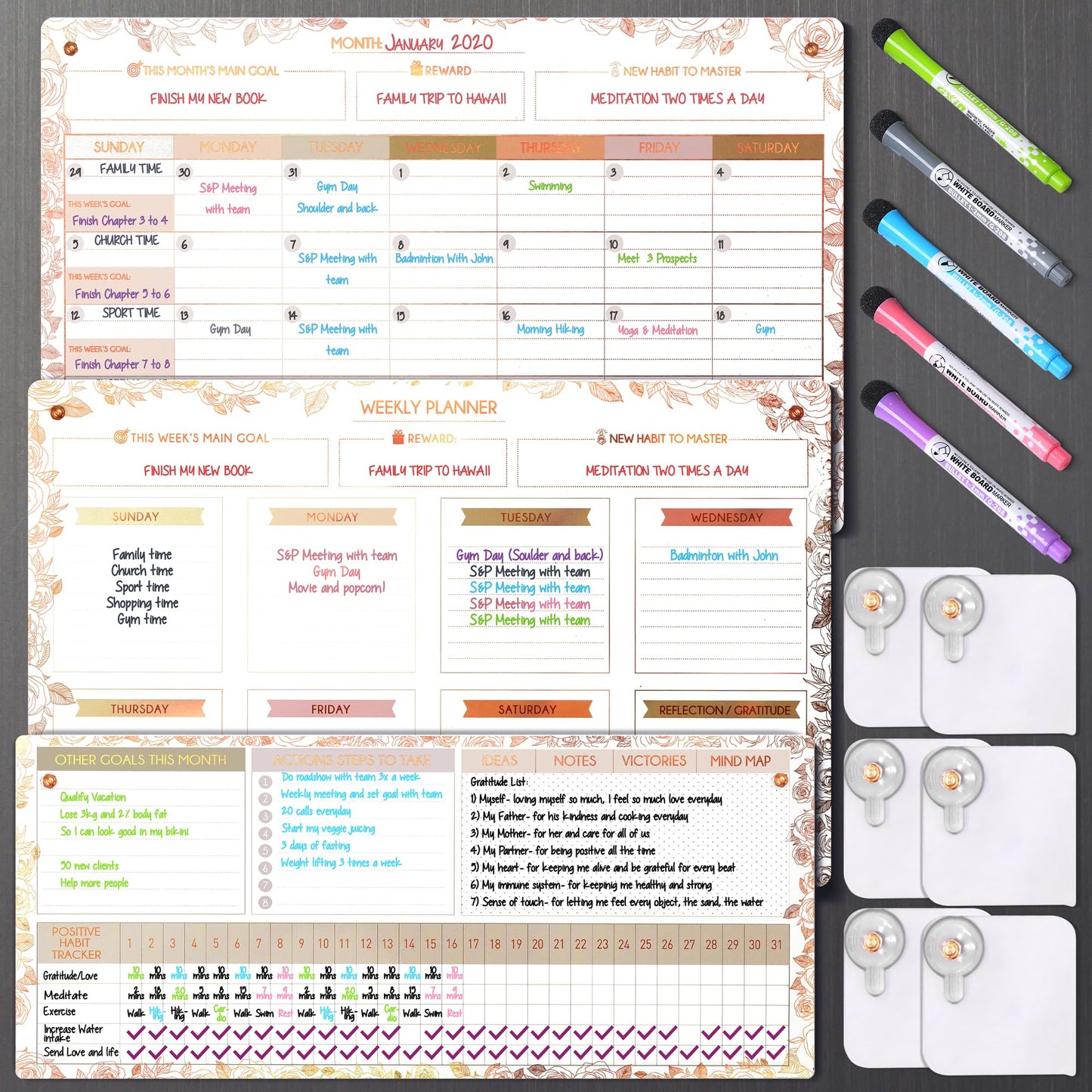 Magnetic Whiteboard for Fridge - Large Dry Erase Calendar for Wall | 3 Magnetic Dry Erase Board 10.5" x 16.5" & 7" x 16.5", Monthly Goal Setting & Habit Tracker, 5 Markers and 6 Adhesive Hooks