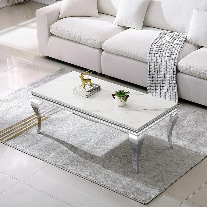 Henf 47" Modern White Faux Marble Coffee Table