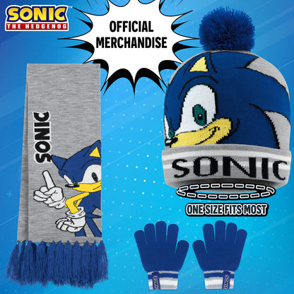 SONIC THE HEDGEHOG Beanie Hat Scarf and Gloves Set for Boys (4-15 Years, Blue/Grey Sonic 3 Pcs)