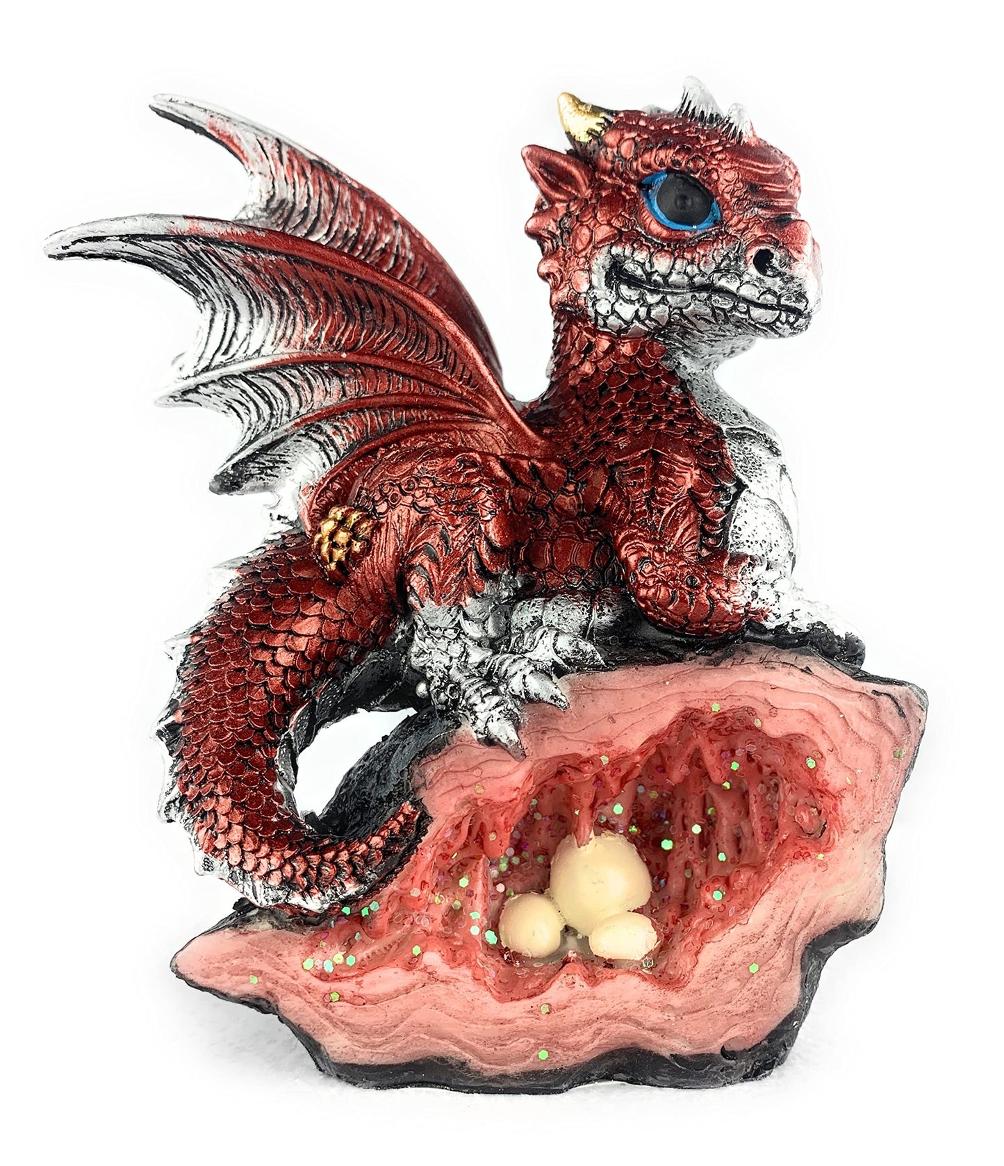 Ain’t It Nice Dragon Statue Medieval Baby Dragon with Crystal Egg Nest Decorative Figurine Geode Sparkling Crystal Cave Dragon Figurine Collectible Fantasy, Red 4(L) 2(W) 5(H) inches