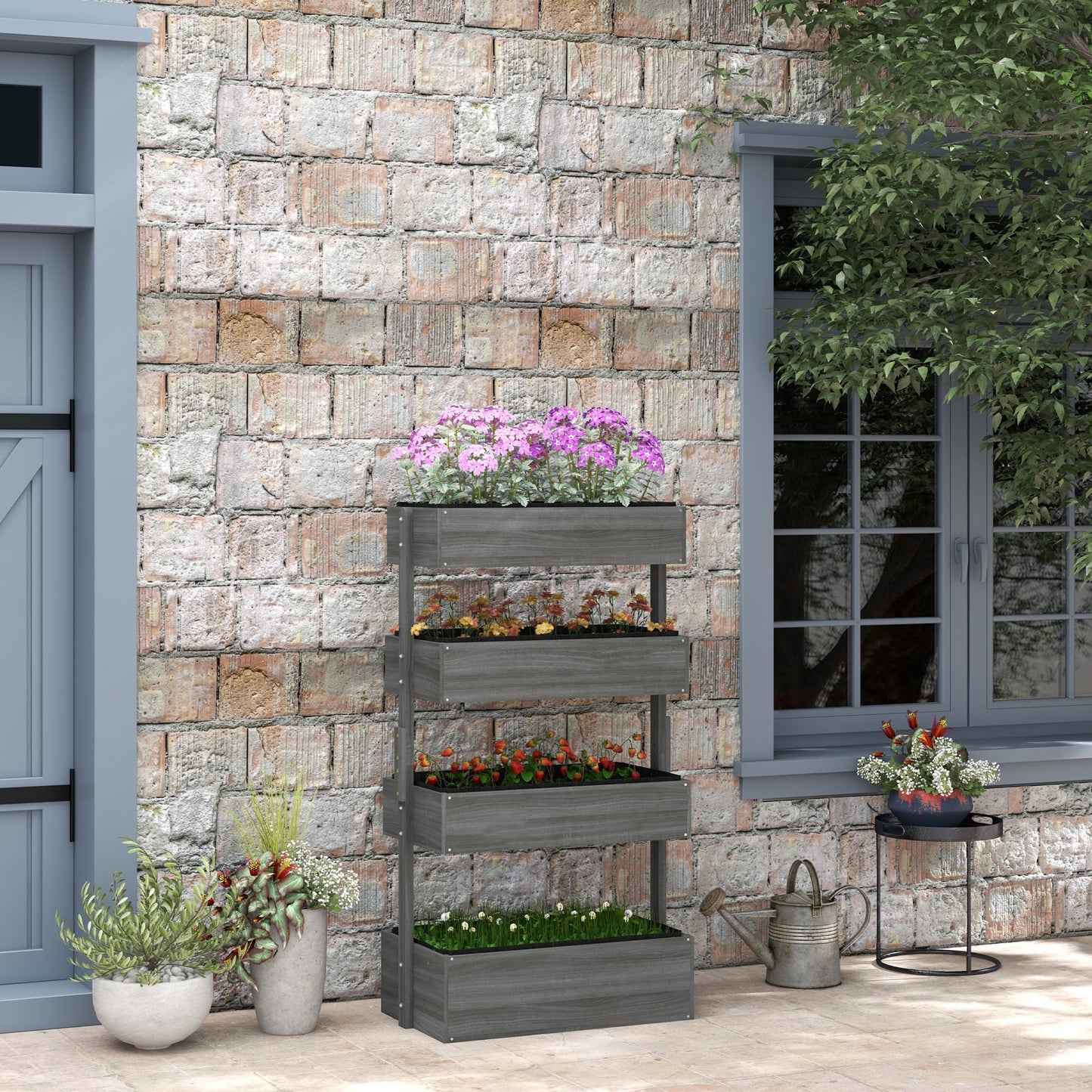 Outsunny Vertical 4 Tier Raised Garden Bed, Wooden Planter Box, Self-Draining with Bed Liner for Indoor Outdoor Flowers, Vegetables and Herbs, Gray