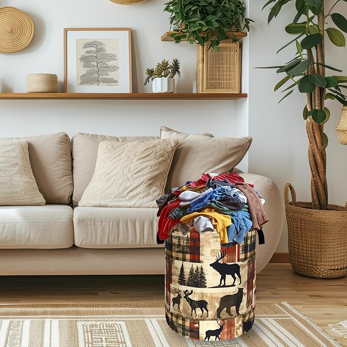 Deer Laundry Basket Portable Oxford Cloth Funny Retro Forest Animal Bears