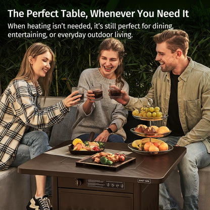East Oak 28'' Propane Fire Pit Table, 50,000 BTU Steel Gas FirePit for Outdoor, Outside Patio Deck and Garden, CSA Certified Fire Table with Magnetic Lid, Cover-Storage Basket and Lava Rock, Brown