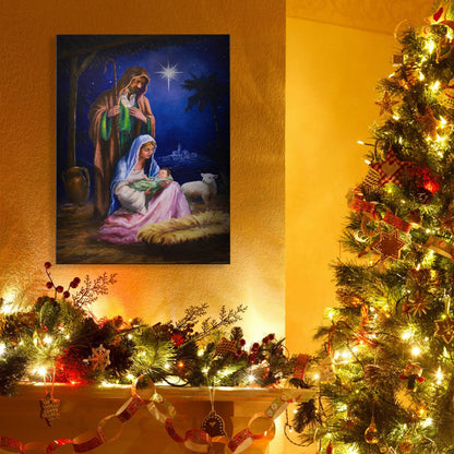 Nativity Lighted Canvas Wall Art - Light Up Holy Family Picture - LED - Mary Joseph and Baby Jesus in a Manger -Stable Scene - Measures 15.75" x 11.75"