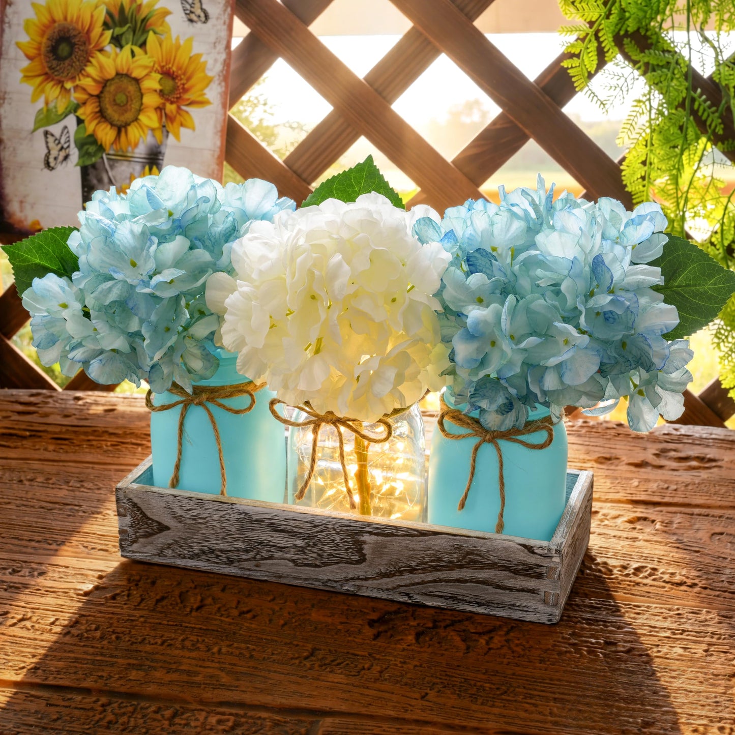 Coastal Beach Decor, Mason Jar Lights Beach Party Themed Decorations Centerpieces with Hydrangea, Sarfish Decor, Wood Tray, Coastal Beachy Table Summer Decoration for Dining Room Coffee Kitchen