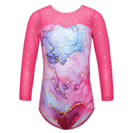 TFJH E 3/4 Sleeve Leotards for Girls Gymnastic Apparel Ballet Dance Clothes Tumbling Outfits HotPink Marble 4A
