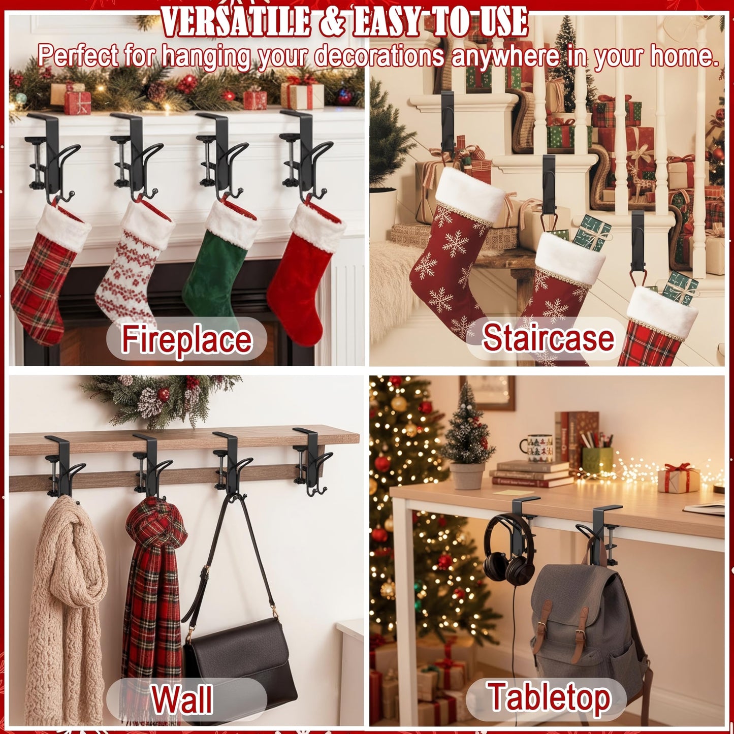 TGLIFEVER Fireplace Stocking and Garland Hanger with Double Hooks, 2 in 1 Mantel Hangers for Garland, Heavy Duty No Drill Christmas Stocking Holder for Party Home Decoration