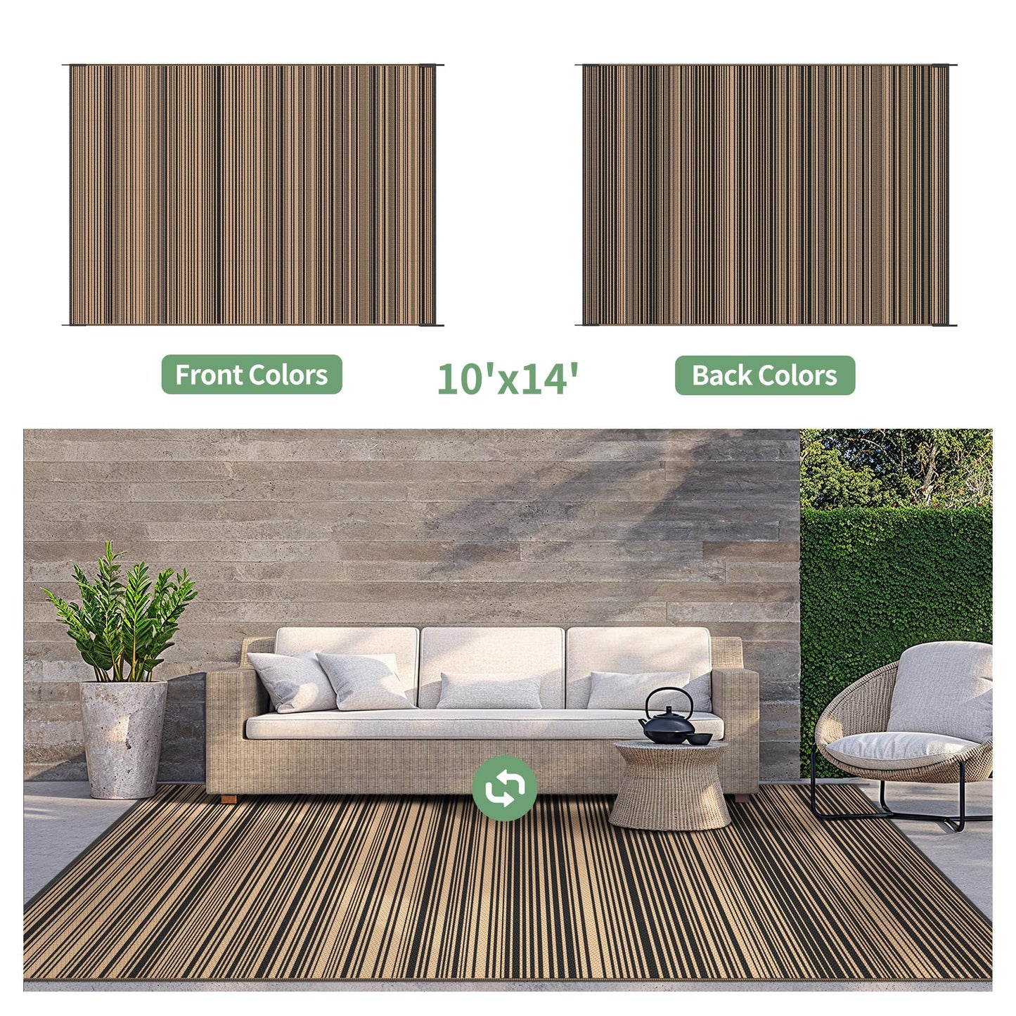 GENIMO Outdoor Rug for Patio Clearance, 10'x14' Reversible Plastic Straw Rugs, Lightweight Waterproof RV Camping Mat for Camper, Balcony, Deck, Backyard, Picnic, BlackBrown
