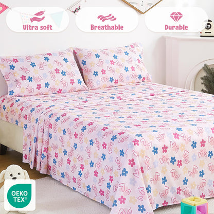 CozySmile Full Sheet Set Kids,4 Pieces Breathable Soft Microfiber Bedsheets for Child Girls, Oeko-TEX, Anti Pilling Deep Pockets Easy Care Bed Sheets, Heart