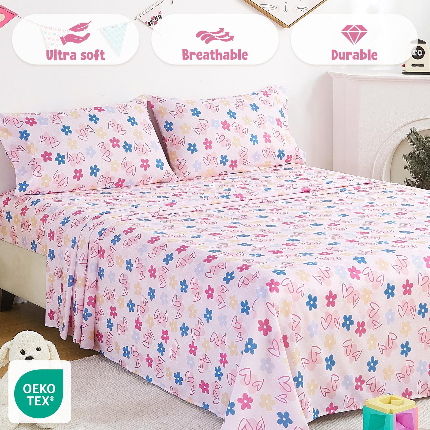 CozySmile Twin Sheet Set Kids,3 Pieces Breathable Soft Microfiber Bedsheets for Child Girls, Oeko-TEX, Anti Pilling Deep Pockets Easy Care Bed Sheets, Heart