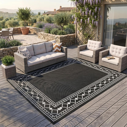 GlowSol 10x14 Outdoor Rug Waterproof Reversible Camping Mat, Plastic Straw Rug for RV Deck Backyard Porch Balcony Lawn & Beach, Easy Cleaning Outdoor Patio Rugs for Outside Decor, Black/White