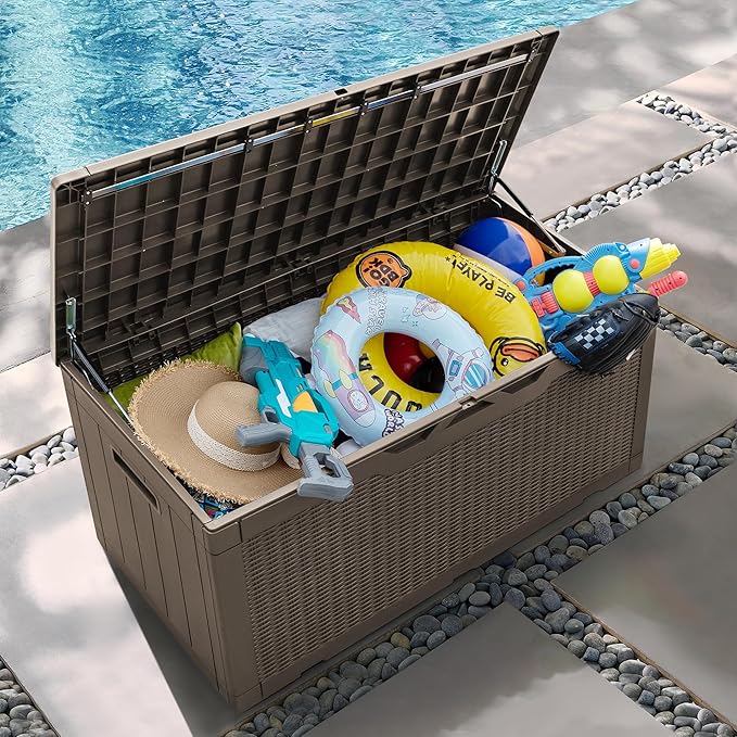 Greesum 100 Gallon Resin Patio Storage Box for Garden Tools, Outdoor Furniture Cushions, Pool Supplies, Coffee