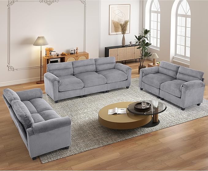 HAOMARKETS Corduroy Sofa Set, Two Upholstered Loveseat, and 3-Seater Couch