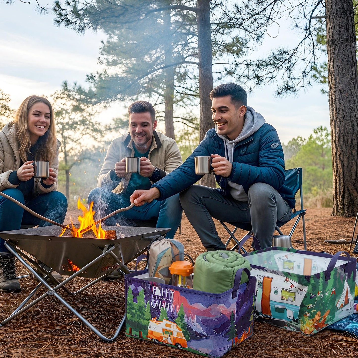 Breling 4 Pcs Camping Storage Baskets with Handles Black Night Camping Laundry Hamper Large Collapsible Bonfire Woodland Theme Baskets Storage Bins Boxes for Outdoor Lake Camp, 15 x 10 x 8 Inch