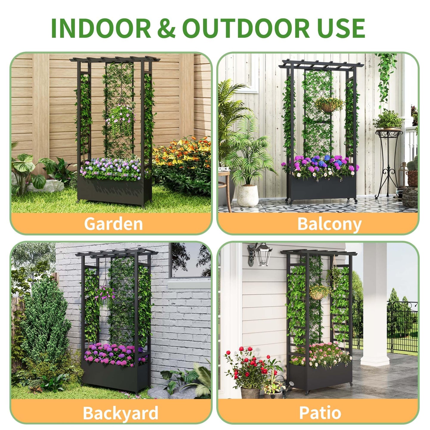 Sunnibety Raised Garden Bed with Trellis & Hanging Roof, Weatherproof Metal Planter Box with Wheels, Garden Arch Trellis for Outdoor Climbing Plants Vines Flowers, 74" H x 44" L x 17" W, Black