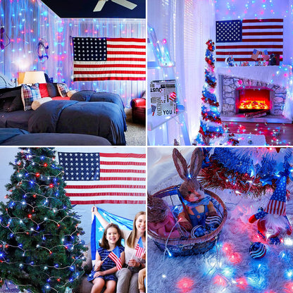 JMEXSUSS Red White and Blue Lights Clear Wire, 66 Ft 200 LED 4th of July Decorations String Lights Plug in, Christmas Light for Independence Day Celebration Party Memorial Day Patriotic Holidays Decor