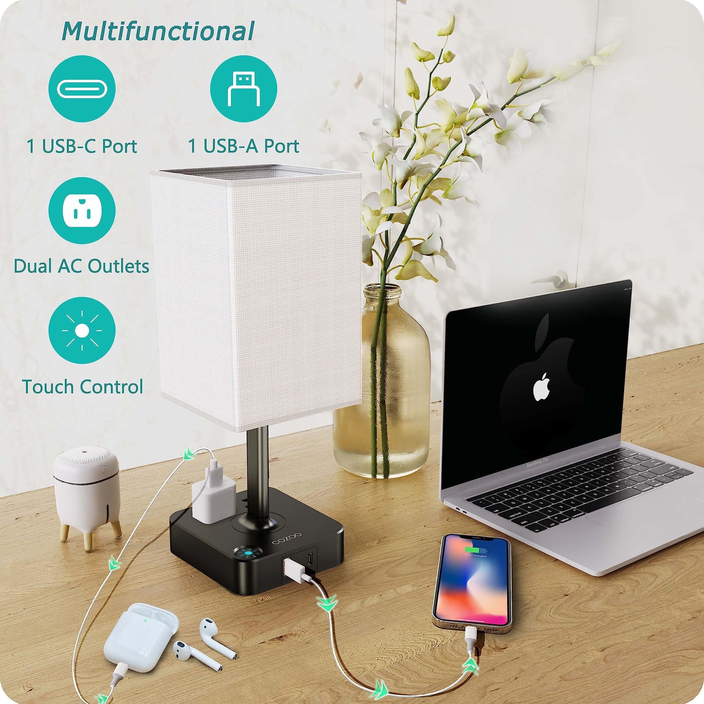 cozoo Bedside Table Lamp with 3 Levels Brightness,Dimmable Table Lamp with USB C+A Charging Ports,2 AC Outlets,Nightstand Lamp White Shade,Touch Bedroom Lamp for Living Read Work