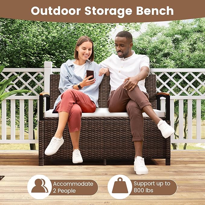 Tangkula 46 Gallon Outdoor Bench with Storage, Outdoor PE Rattan Storage Bench with Cushion, Backrest & Acacia Wood Armrests, Metal Frame, Waterproof Deck Box Seat for Porch Backyard Poolside