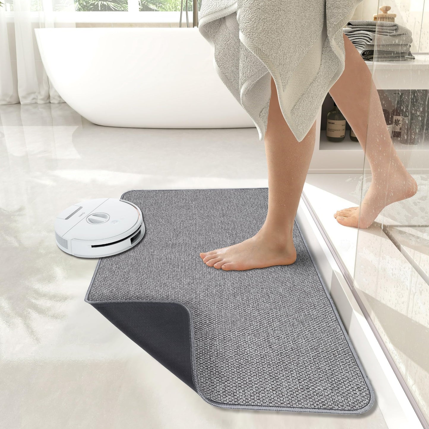 Bath Mat,Ultra Thin Bathroom Rugs,Rubber Bath Mats for Bathroom,No Slip Bath Rugs,Quick Dry,Machine Washable,Low Pile,Absorbent,Shower Outside,Sink,Home Decor Accessories.Grey,1'5"x2'3"(17x27Inch)