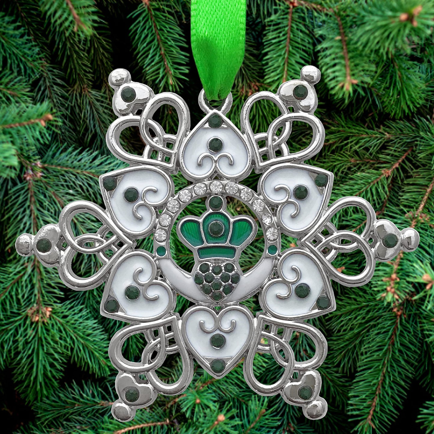 Irish Christmas Ornament Claddagh Snowflake, Filigree Metal Celtic Holiday Decoration with Green Jewels, 3 x 3 Inch Gift Ornament with Storage Bag, Irish Blessing for Family, Friends, Mom, Grandma