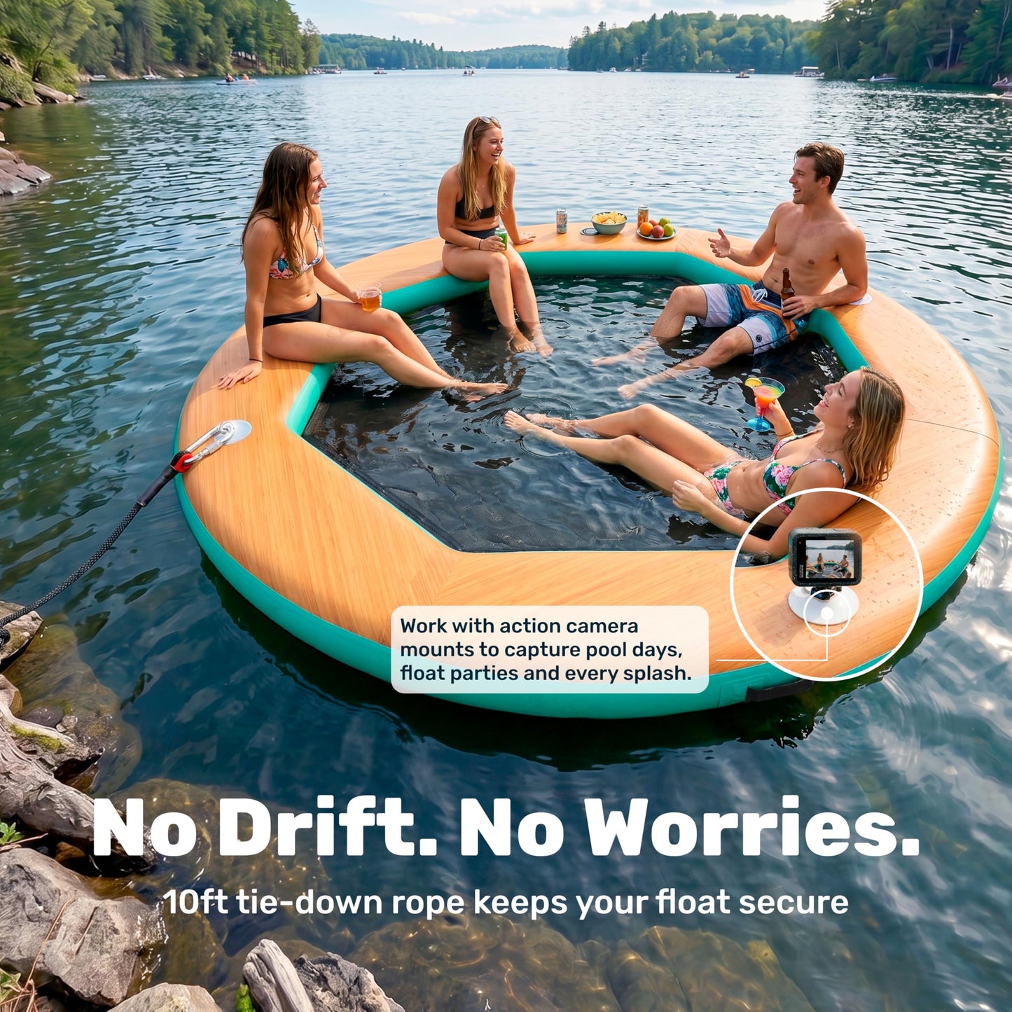 SLOOSH 8FT Inflatable Water Hammock Floating Dock, Sunchill Float Ring with Wood Grain & Mesh Design, Round Floating Dock Platform with Removable Cup Holders for Lake, River, or Boat Party