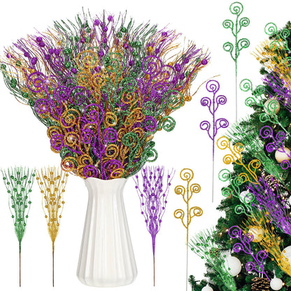 Daifunli 36 Pcs Mardi Gras Decorations Mardi Gras Picks Purple Gold Ornaments 17'' 12'' Artificial Glitter Berry Picks and Sprays Branches for Carnival Party Wreath Vase