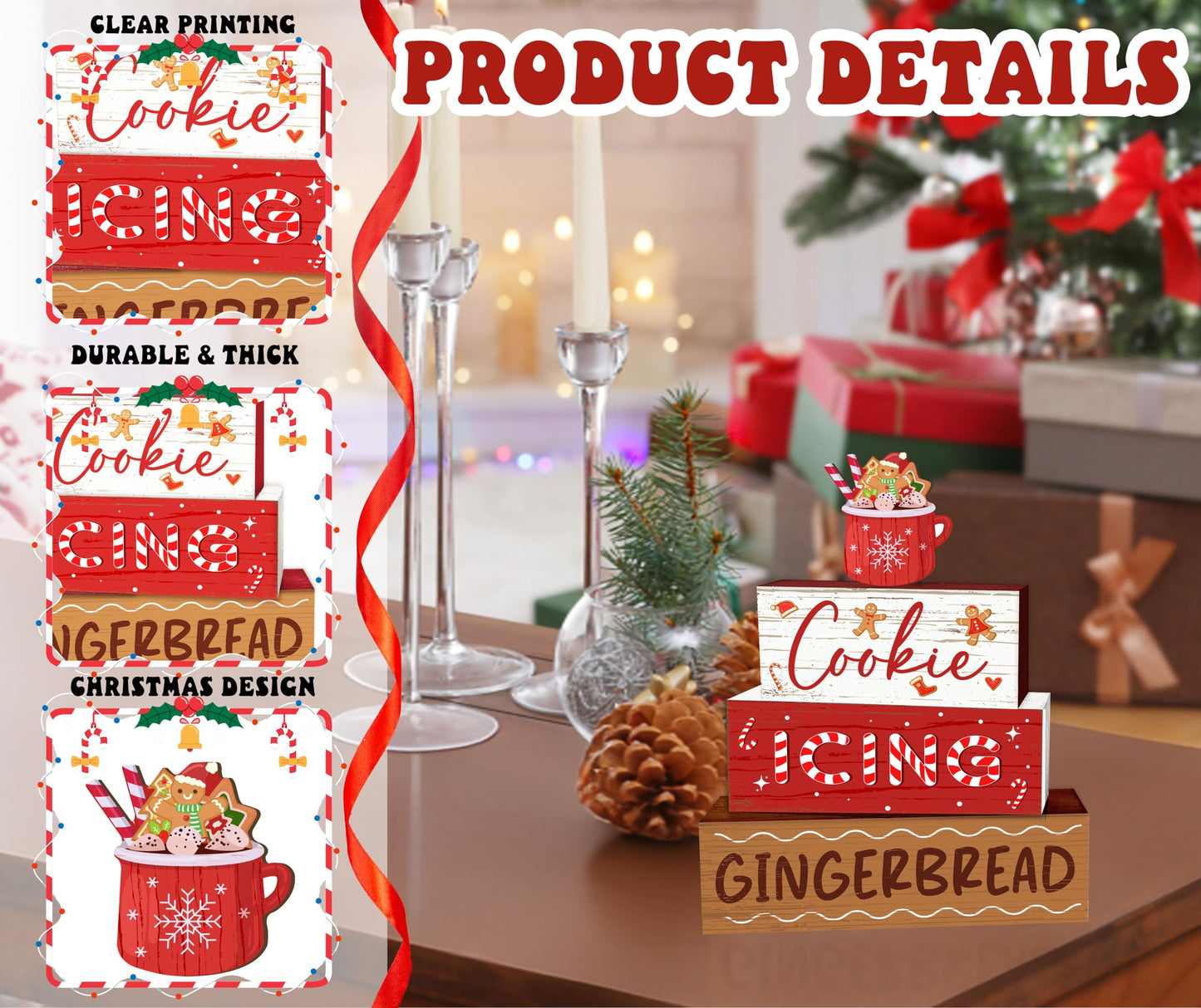 4 Pcs Hot Cocoa Christmas Decor, Gingerbread Table Decorations, Christmas Tiered Tray Desk Decor Gifts, Cookie Icing Winter Wooden Stack Block Signs Table Centerpiece for Farmhouse Office -B10