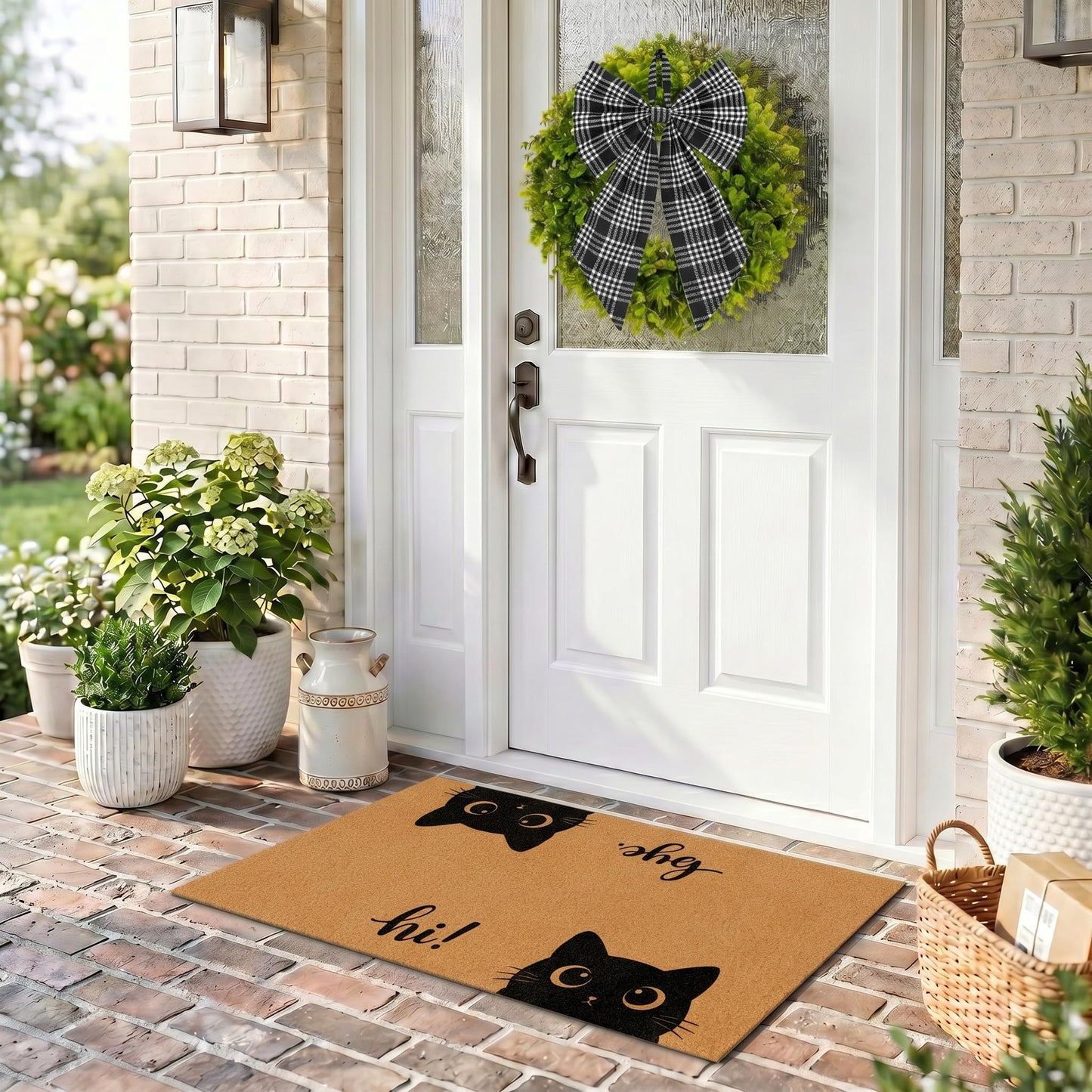 2 Pcs Funny Cat Front Door Mat and Wreath Set Cute Black Cat Faux Coir Doormat and 19" Artificial Greenery Wreath with Plaid Bow Welcome Outside Decor for Porch Entryway