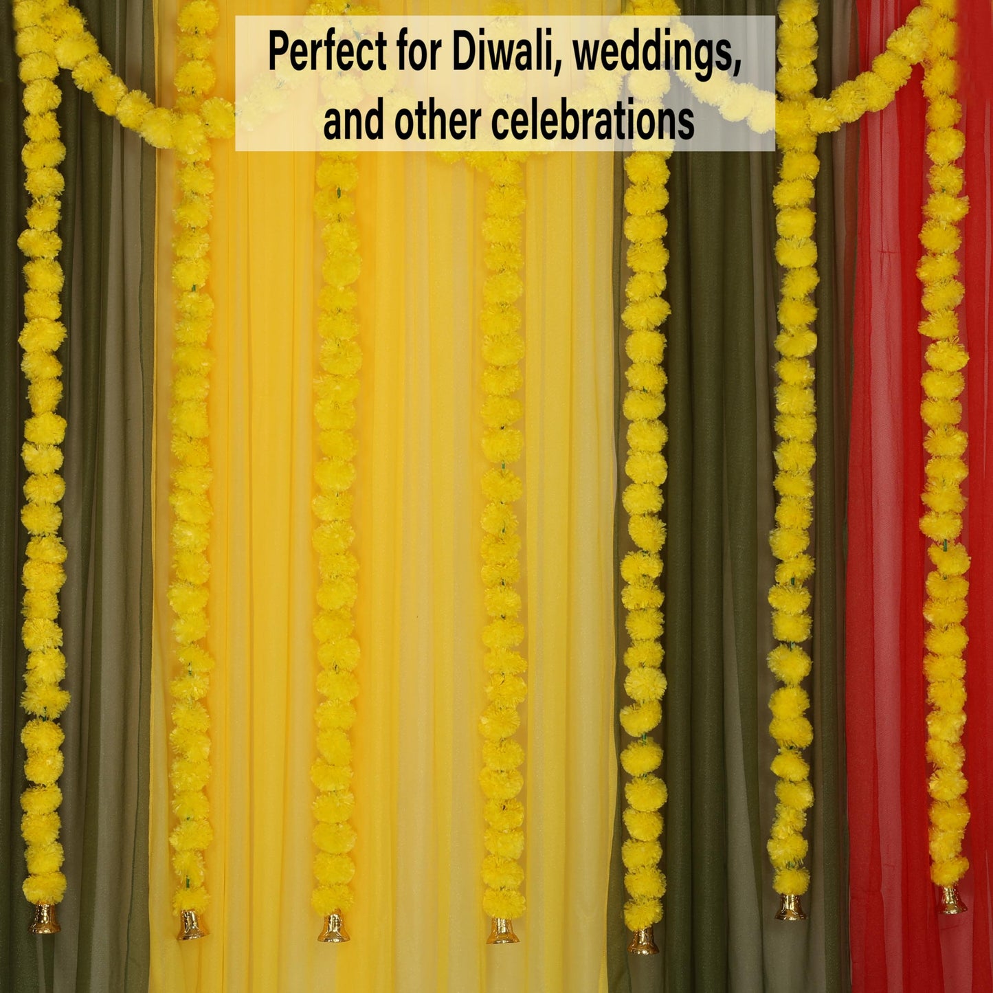 Marubhumi 5 PC 4.5 Feet Artificial Marigold Flower Garland with Bells for Diwali, Wedding, Home & Festival Decoration (Yellow)
