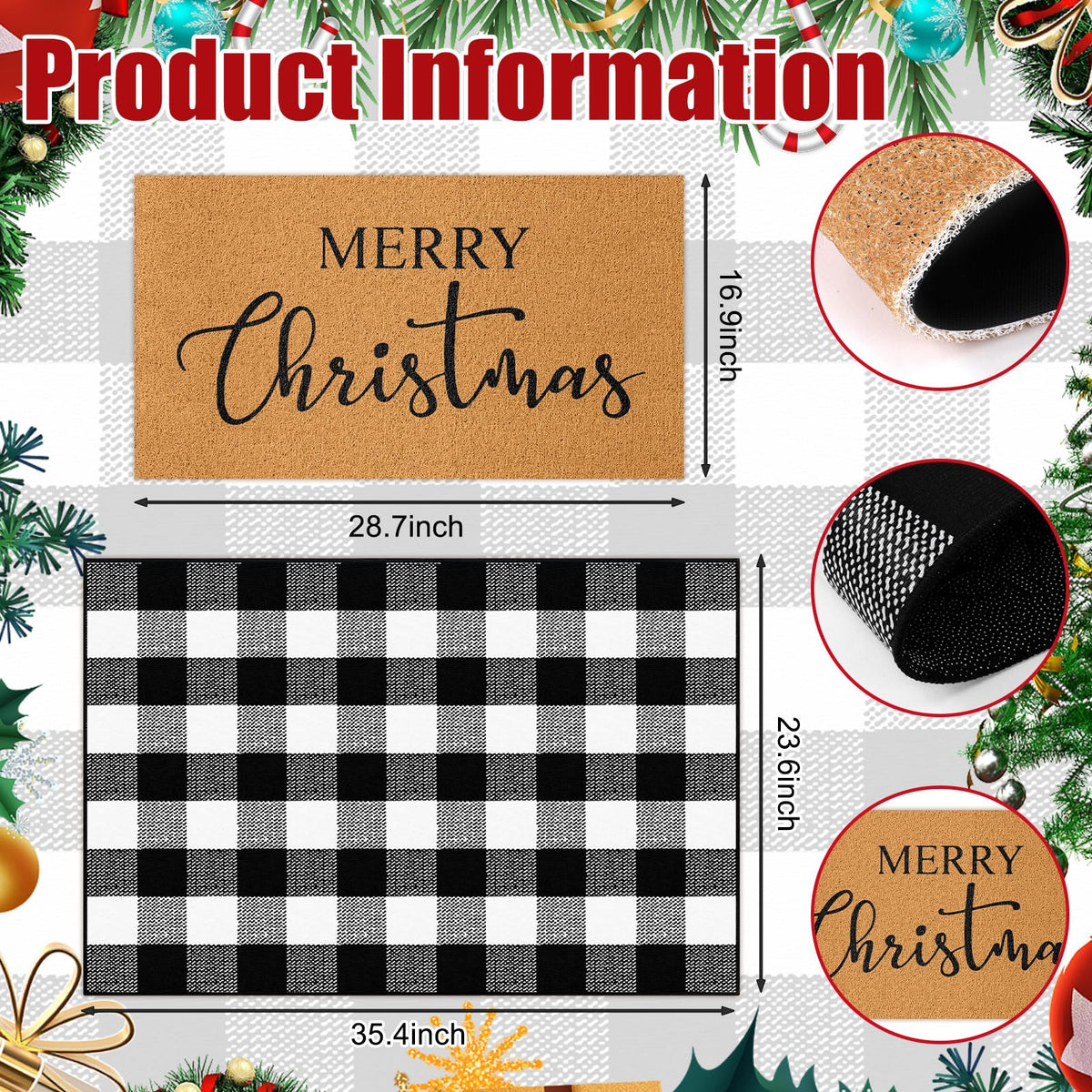 Duraaamo 2 Pcs Christmas Doormat Merry Christ Non Slip Outdoor Rug Xmas Welcome Layered Buffalo Floor Mats for Front Porch Entryway(Black White,Plaid)
