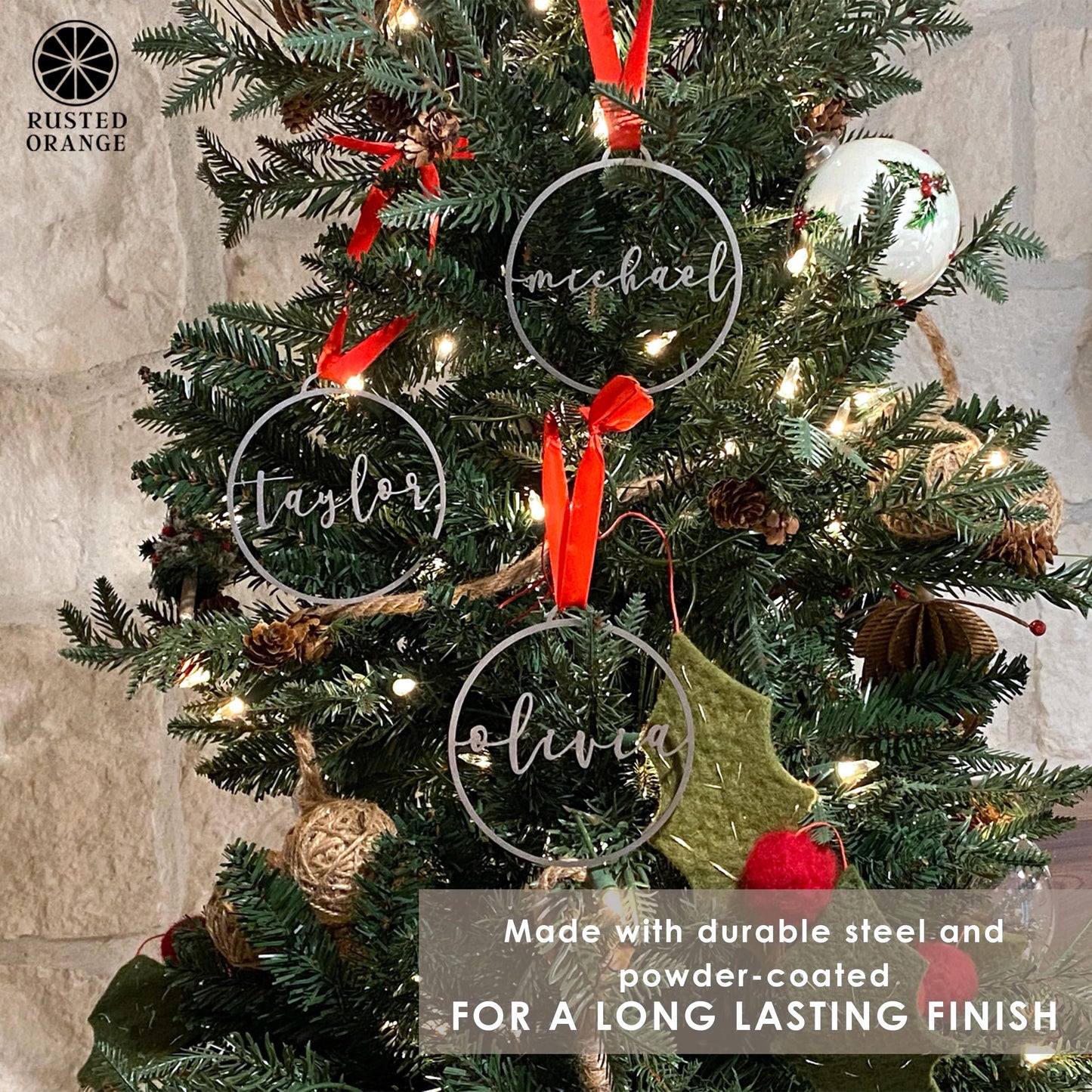 Minimalist Custom Ornaments (5 Pack; 4 inch) - Personalized Modern Metal Cursive Name Christmas Ornaments for Christmas Tree