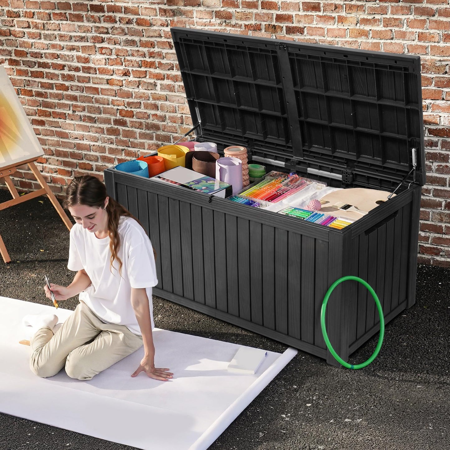 DWVO 220 Gallon Extra-Large Patio Deck Box, Waterproof Resin Outdoor Storage Box with Removable Divider for Patio, Garden, Pool, Furniture and Tools, Black
