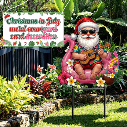 Amyhill July Christmas Outdoor Decor Summer Christmas Metal Yard Sign with Stake Tropical Flamingo Santa Claus Decorative Lawn Sign for Indoor Outside Garden Pathway Walkway Holiday Hawaii Party Decor