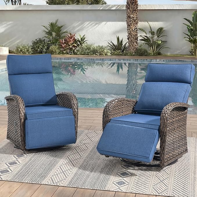 Zero Gravity Patio Swivel Rocking Recliner Chairs Set of 2 - Wicker Outdoor Lounge Chair with Adjustable Backrest & Footrest, All Weather Reclining Rocker Chairs with Thick Cushion for Pool Deck Blue