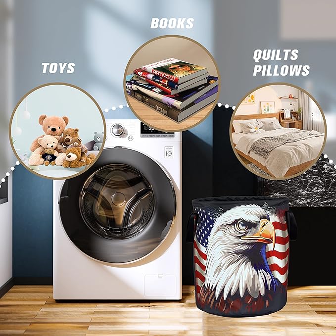 American Flag Eagle Laundry Basket Foldable Oxford Cloth Funny Tote Bag Laundry