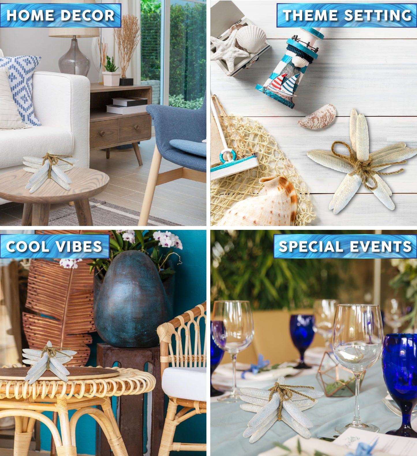 Puzzled Nautical White Starfish Set - Decorative Beach Style Tabletop Centerpiece, Realistic Resin Sea Coral Reef Starfishes for Ocean Themed Home Accent Decor - 3 Pieces