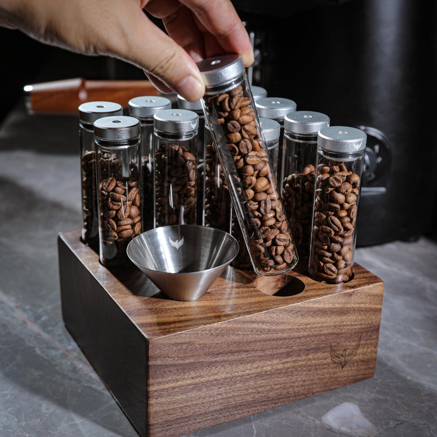KNODOS Single Dose Coffee Bean Vials and Walnut Dosing Set Espresso Bean Container with Dosing Cup and Espresso Mister