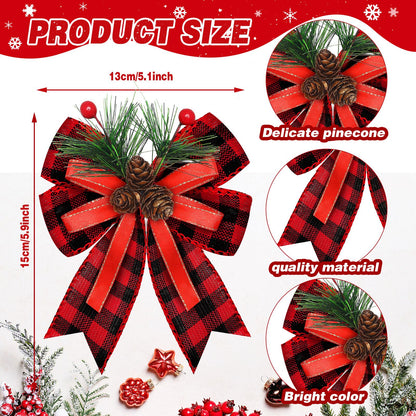 Syhood 6 Pcs Christmas Bows with Pine Cones Pine Needles Xmas Buffalo Plaid Bows Black White Plaid Ribbon Christmas Tree Wreath Decoration for Xmas Parties Indoor Outdoor Crafts DIY Decor