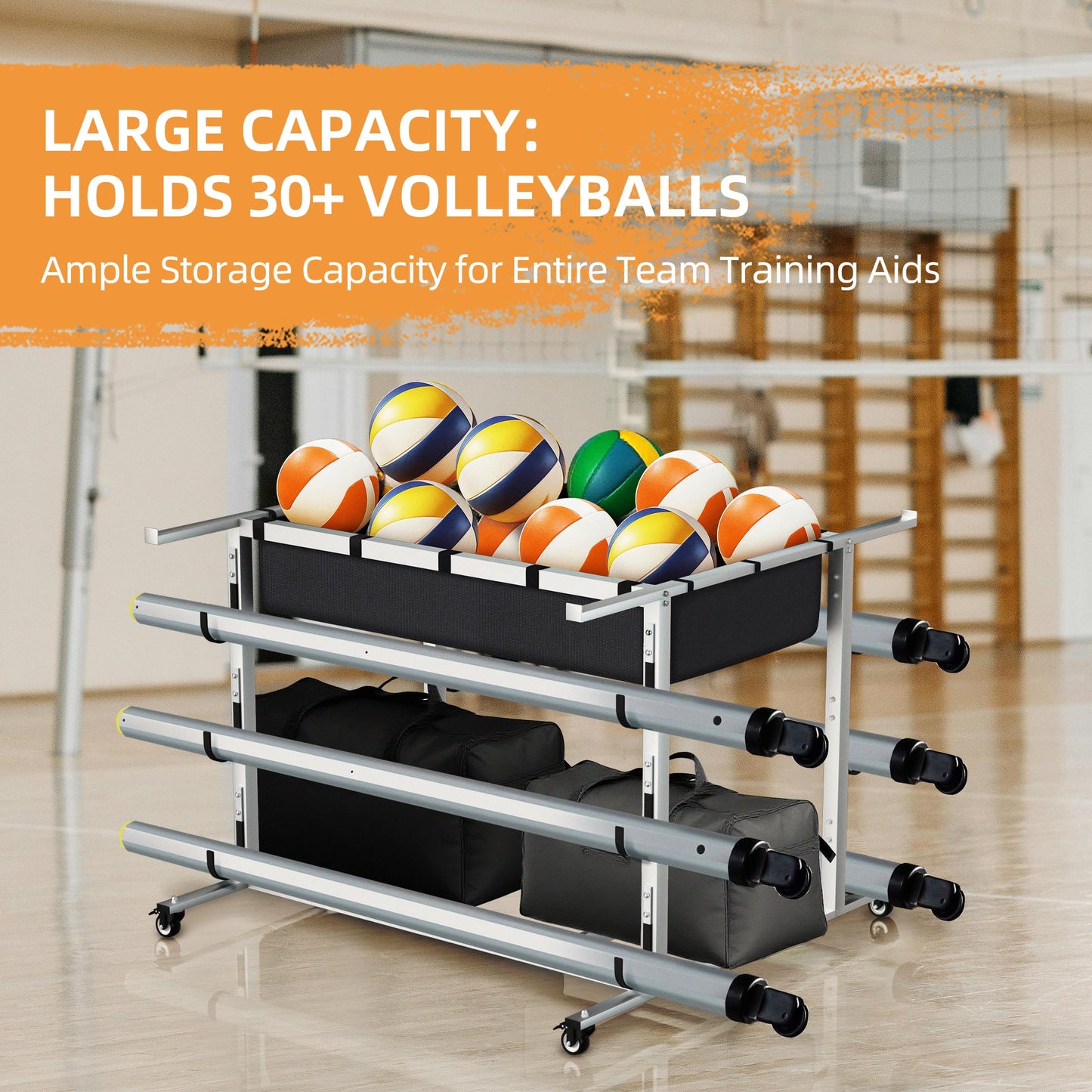MR Volleyball Equipment Cart, Heavy-Duty Volleyball Gear Storage Trolley with 4 Removable Baskets & Lockable Wheels, Portable Volleyball Cart for Balls, Pads, Nets & Training Aids