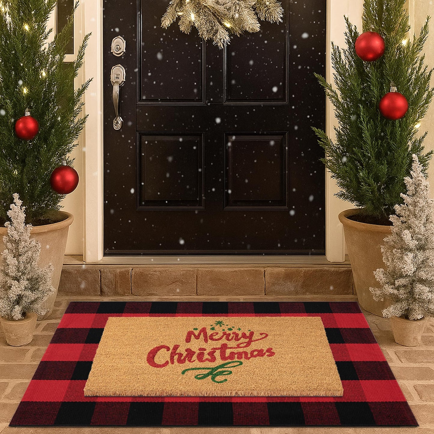Christmas Door Mat Combo Set - 100% Coco Coir Welcome Mat + 28 x 43 Inch Red and Black Plaid Rug, New Year Holiday Christmas Collection Doormat for Front Porch Entryway Decor