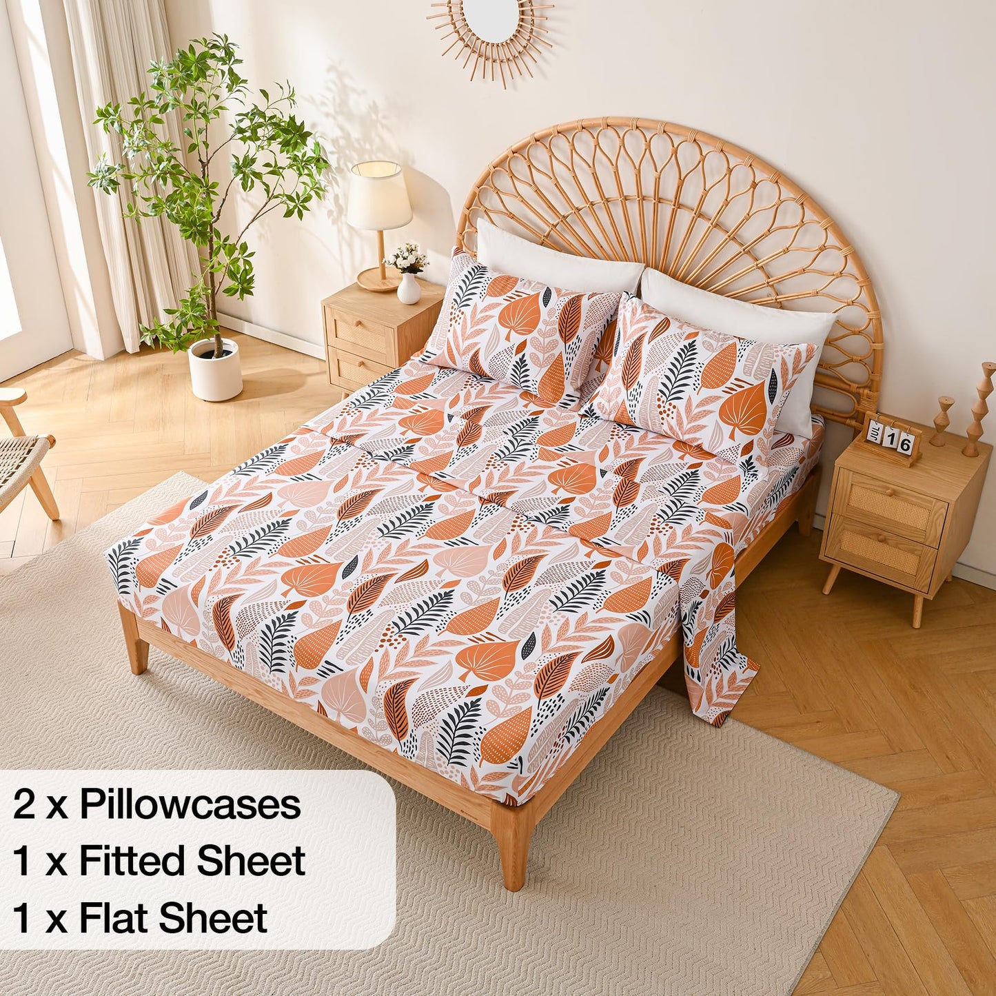 Yibeizi Boho Leaves Printed Sheet Set King, Botanical Pattern Bed Sheets Microfiber Bedding Sheets & Pillowcases Soft 15" Extra Deep Pocket Fitted Bedsheet 4 Piece