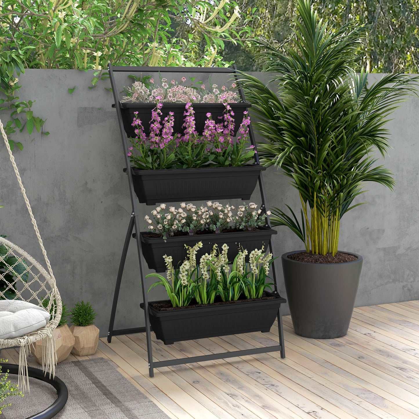 ZEnvya 4-Tier Vertical Raised Garden Bed with Stand - Self-Draining Outdoor Planter Set for Vegetables/Herbs, Black Plastic