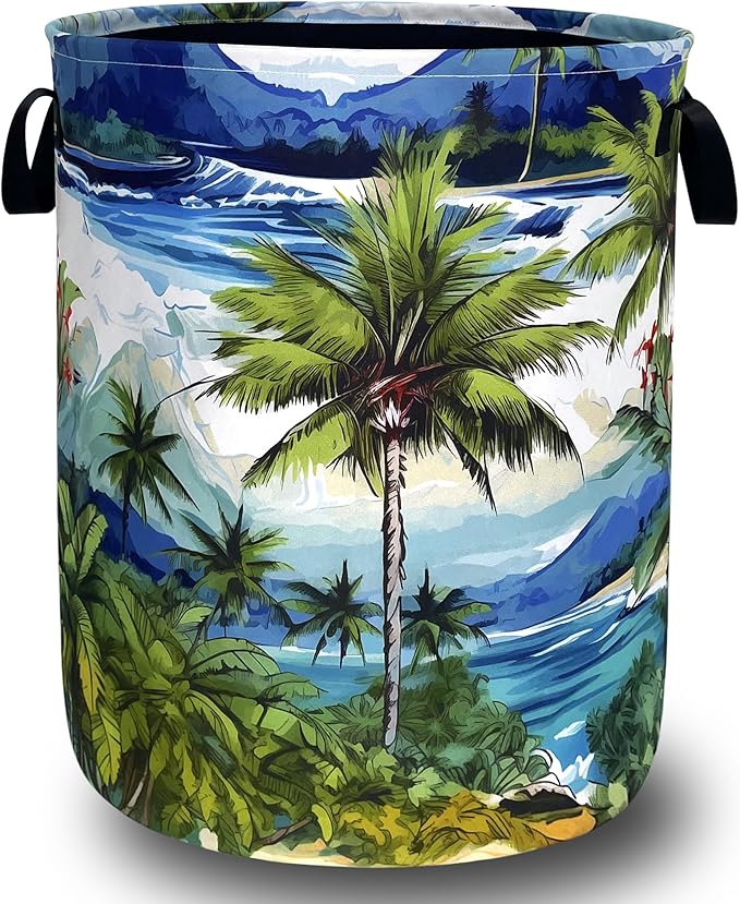 Tropical Palm Tree Laundry Basket Oxford Cloth Colorful Hawaii Laundry Hamper