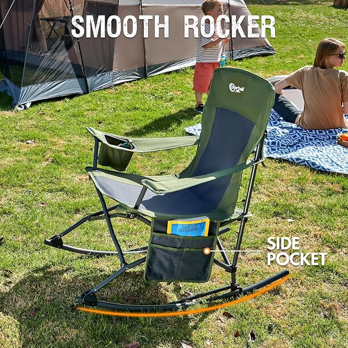Portal Outdoor Rocking Chair Camping Folding Portable Rocker with Cup Holder Side Pocket Carry Bag, Support 350LBS (Green), 2 Pack