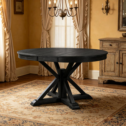 ERYE Retro Style Round Dining Table Functional Wooden Extendable Oval Dining Table with 12" Leaf and Natural Wood Grain Variation Tabletop