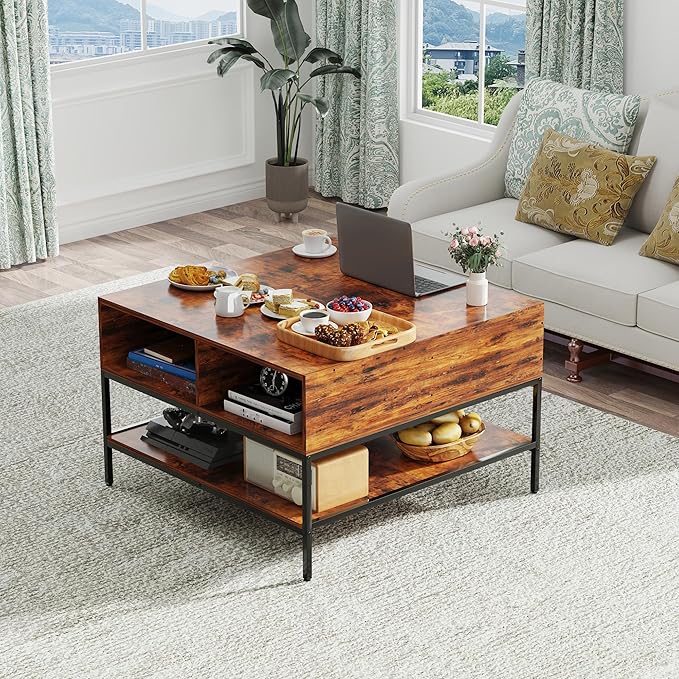 Farmhouse Coffee Table with Hidden Storage 32 in, Square Wood Living Room