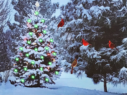 Lighted Christmas Tree & Cardinal Birds LED Canvas Print - Snowy Winter - Forest Pine Trees - Winter Scene Wall Art Measures 15.75" X 11.75"