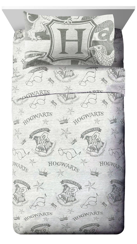 Jay Franco Kids Sheet Set with Fitted, Flat Sheets & Pillow Cover - Ultra-Soft Bedding with Pillowcase for Room Decor, Gray - Harry Potter, 3 Piece Twin