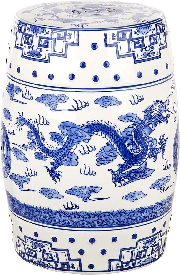 SAFAVIEH Castle Gardens Collection – Dragon’s Breath Blue Glazed Ceramic Chinoiserie Indoor/Outdoor Garden Stool (ACS4554A)
