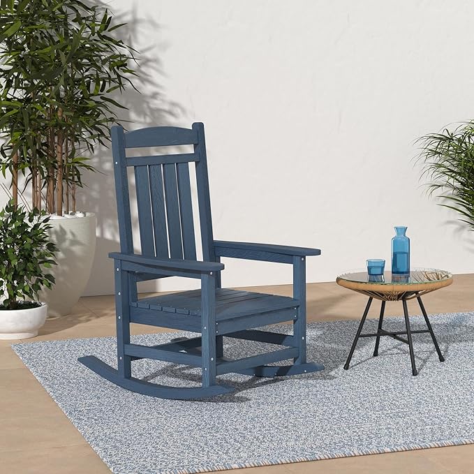 KINGYES HDPE Rocking Chairs Outdoor, Patio Rocking Chairs with 330lbs Support, Smooth Porch Rocker for Deck Lawn Yard, Navy